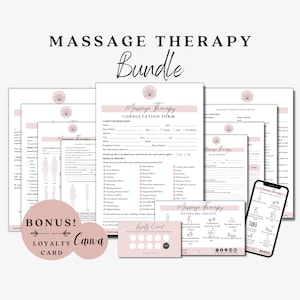 May include: A set of massage therapy documents, including a consultation form, soap notes, and aftercare advice. The bundle also features a loyalty card and a bonus Canva card. The text "MASSAGE THERAPY Bundle" is displayed at the top of the image.