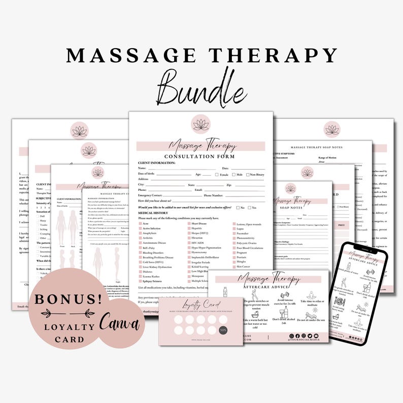May include: A collection of massage therapy forms and documents, including a consultation form, soap notes, and aftercare advice. The bundle also includes a loyalty card and a bonus Canva card. The text "MASSAGE THERAPY Bundle" is at the top.