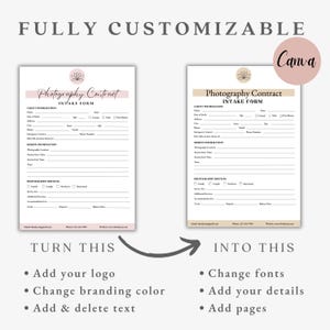May include: Two photography contract intake forms, one in pink and the other in beige, with the text "Photography Contract Intake Form." The image shows how to customize the forms by adding a logo, changing colors, and adding or deleting text.