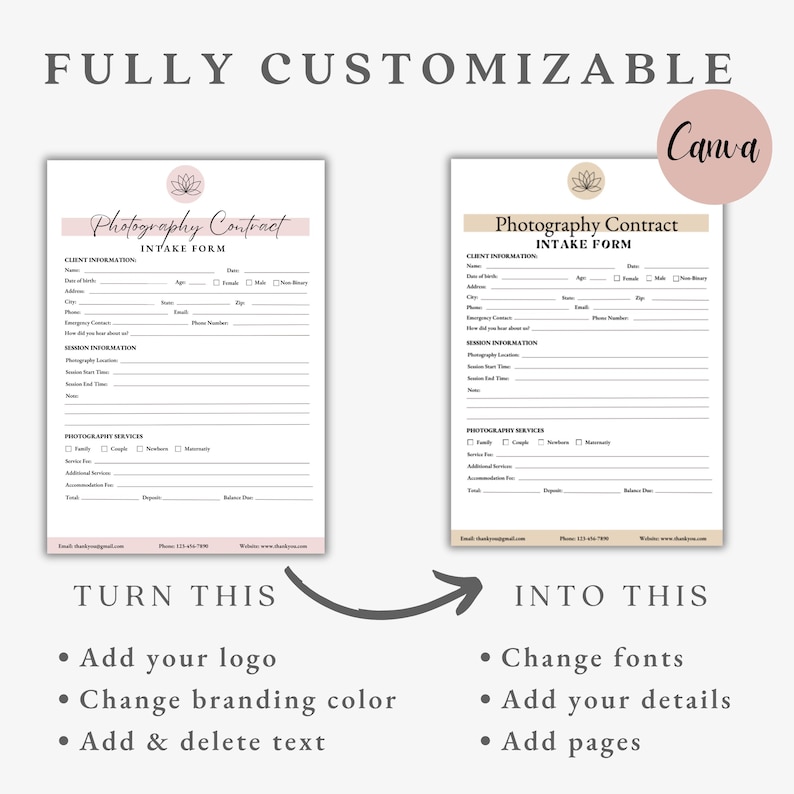 May include: Two photography contract intake forms, one in pink and the other in beige, with the text "Photography Contract Intake Form." The image shows how to customize the forms by adding a logo, changing colors, and adding or deleting text.