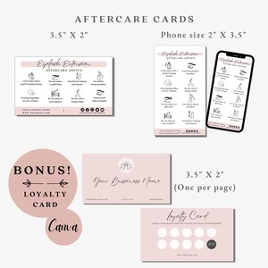 May include: A set of printable aftercare cards for eyelash extensions, with instructions on how to care for lashes. The cards are designed in a pink and black color scheme with a floral design. The set also includes a loyalty card template with a pink background and black text.
