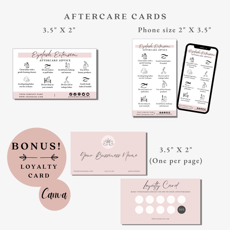 May include: A set of printable aftercare cards for eyelash extensions, with instructions on how to care for lashes. The cards are designed in a pink and black color scheme with a floral design. The set also includes a loyalty card template with a pink background and black text.