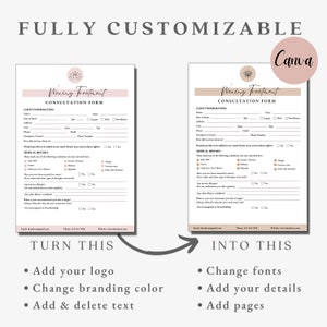 May include: Two customizable waxing treatment consultation forms with a pink and brown color scheme. The forms include client information, medical history, and contact information. The text "TURN THIS INTO THIS" is written on the image with arrows pointing to each form.