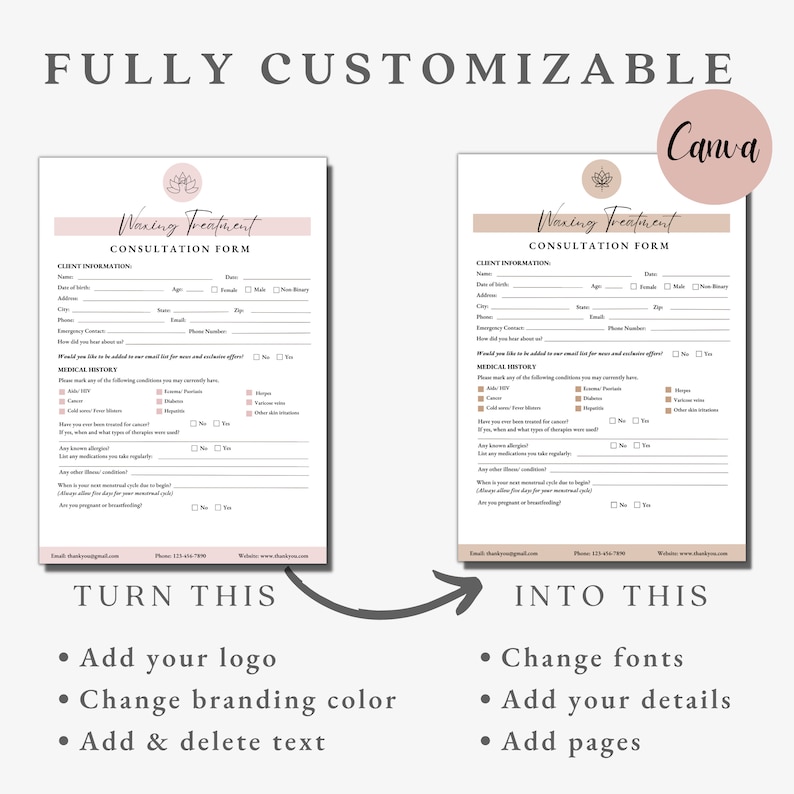 May include: Two customizable waxing treatment consultation forms with a pink and brown color scheme. The forms include client information, medical history, and contact information. The text "TURN THIS INTO THIS" is written on the image with arrows pointing to each form.
