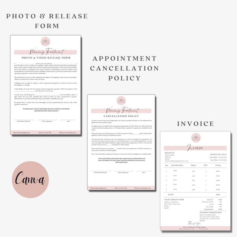 May include: Three documents with a pink floral design. The first document is a photo and video release form. The second document is an appointment cancellation policy. The third document is an invoice.