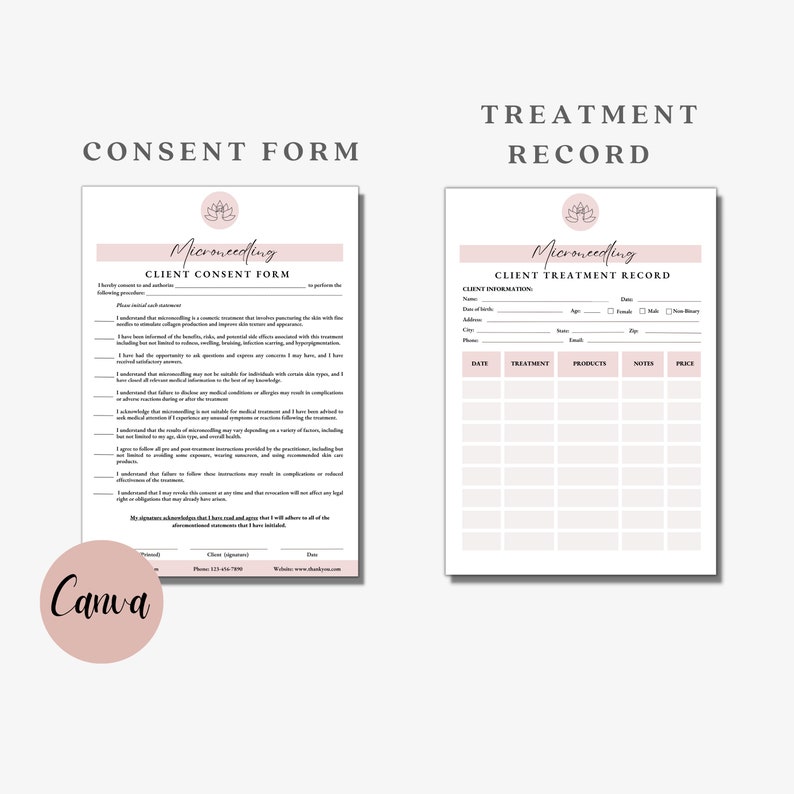 May include: A printable client consent form and treatment record for microneedling. The form includes sections for client information, date, treatment, products, notes, and price. The form has a pink and white color scheme with a floral design.