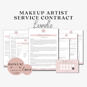 Può includere: Un pacchetto stampabile rosa e bianco per truccatori. Il pacchetto include un contratto di servizio di trucco, una carta fedeltà e un modulo per eventi per i clienti. Il testo "Makeup Artist Service Contract Bundle" è nella parte superiore dell'immagine.