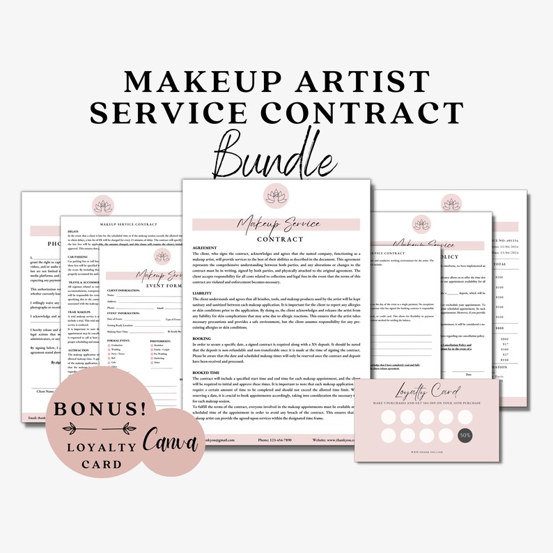 May include: A pink and white printable bundle for makeup artists. The bundle includes a makeup service contract, a loyalty card, and a client event form. The text "Makeup Artist Service Contract Bundle" is at the top of the image.