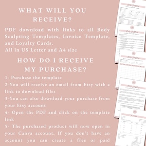 Op de afbeelding: Een roze achtergrond met witte tekst die uitlegt hoe je een aankoop van lichaamsbeeldhouwvormen kunt ontvangen. De tekst bevat de woorden "Koop de sjabloon", "ontvang een e-mail van Etsy", "download bestanden", "Open de PDF", "klik op de link van de sjabloon", "Canva-account", "maak een gratis of betaald account aan". De afbeelding toont ook verschillende afdrukbare sjablonen voor lichaamsbeeldhouwbedrijven, waaronder een consultformulier, een toestemmingsformulier voor klanten, een afsprakenplanner, een annuleringsbeleid en een factuur.