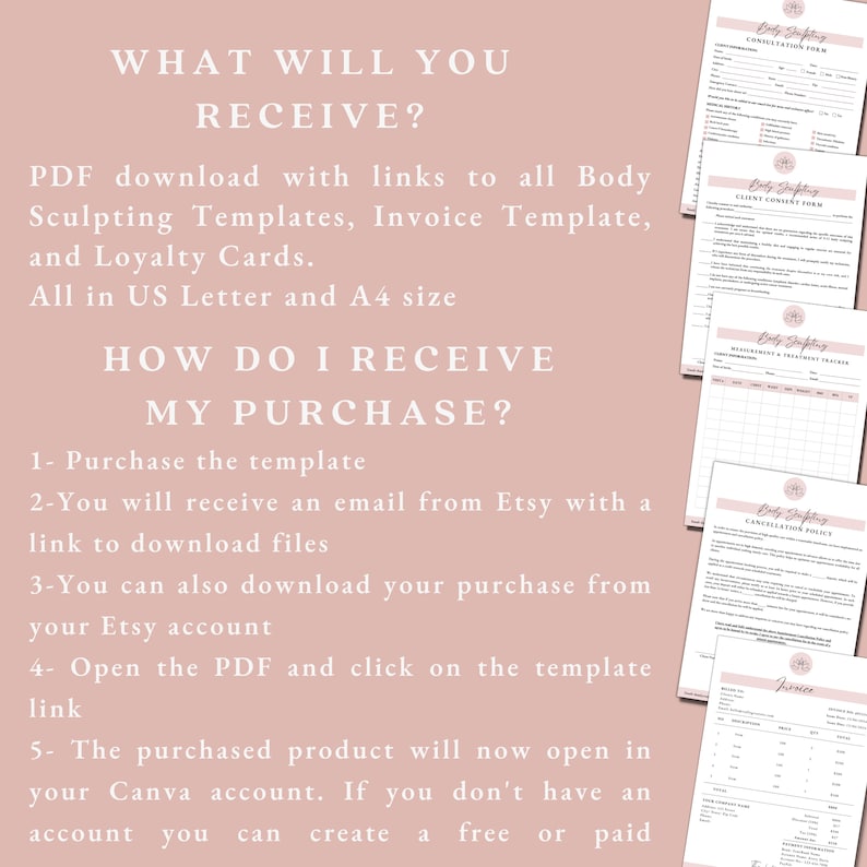 Op de afbeelding: Een roze achtergrond met witte tekst die uitlegt hoe je een aankoop van lichaamsbeeldhouwvormen kunt ontvangen. De tekst bevat de woorden "Koop de sjabloon", "ontvang een e-mail van Etsy", "download bestanden", "Open de PDF", "klik op de link van de sjabloon", "Canva-account", "maak een gratis of betaald account aan". De afbeelding toont ook verschillende afdrukbare sjablonen voor lichaamsbeeldhouwbedrijven, waaronder een consultformulier, een toestemmingsformulier voor klanten, een afsprakenplanner, een annuleringsbeleid en een factuur.