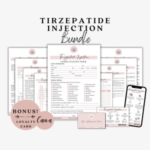 May include: A pink and white printable bundle for Tirzepatide injections. The bundle includes a consultation form, client record sheet, care advice sheet, and a loyalty card. The text "Tirzepatide Injection" is featured on the forms.