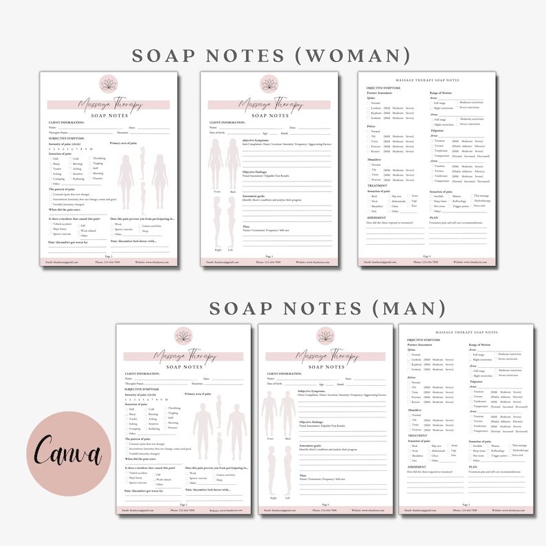 May include: A set of six printable SOAP notes for massage therapy, featuring a minimalist design with a floral logo. The notes are divided into sections for client information, subjective symptoms, objective findings, and treatment plans. The text "SOAP NOTES" is prominently displayed.