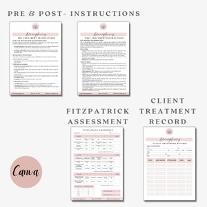 Puede incluir: Un conjunto de formularios imprimibles para un negocio de tratamientos de belleza. Los formularios incluyen instrucciones previas y posteriores al tratamiento, una evaluaci&oacute;n de Fitzpatrick y un registro de tratamiento del cliente.