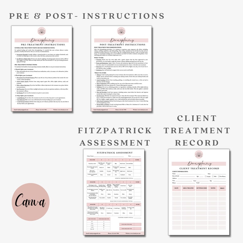 Puede incluir: Un conjunto de formularios imprimibles para un negocio de tratamientos de belleza. Los formularios incluyen instrucciones previas y posteriores al tratamiento, una evaluaci&oacute;n de Fitzpatrick y un registro de tratamiento del cliente.