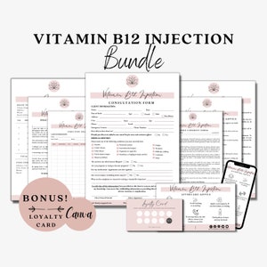 May include: A pink and white printable bundle for vitamin B12 injections. The bundle includes a consultation form, client consent form, aftercare advice, and a loyalty card. The forms feature a floral design and the text "Vitamin B12 Injection" in a pink font.