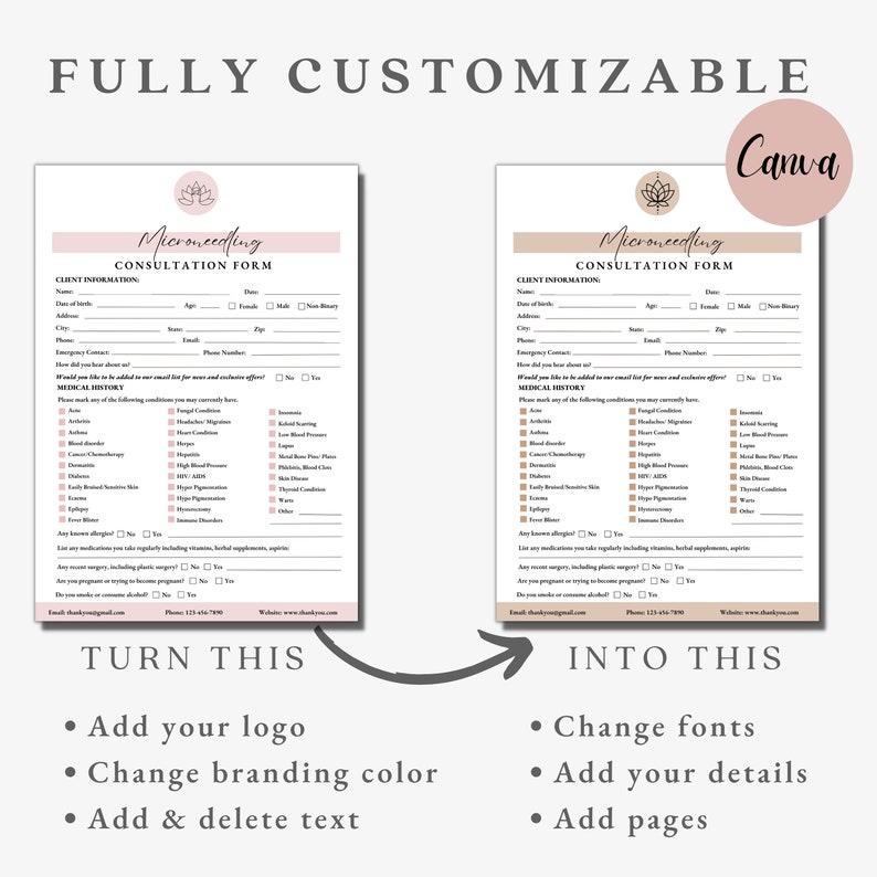 May include: A customizable microneedling consultation form template with a pink and brown color scheme. The form includes sections for client information, medical history, and consent. The text "Turn this into this" is written on the image.