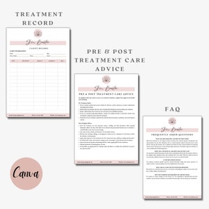 Puede incluir: Un documento imprimible rosa y blanco con el t&iacute;tulo "Treatment Record" y un documento imprimible rosa y blanco con el t&iacute;tulo "Pre & Post Treatment Care Advice". Ambos documentos tienen un logotipo de flor rosa con el texto "Glow Booster".