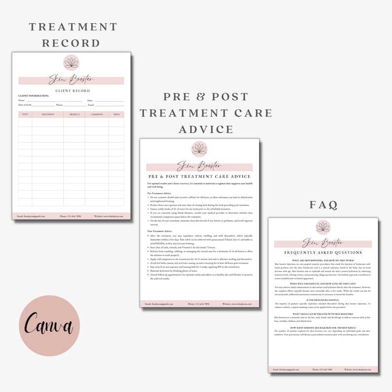 Puede incluir: Un documento imprimible rosa y blanco con el t&iacute;tulo "Treatment Record" y un documento imprimible rosa y blanco con el t&iacute;tulo "Pre & Post Treatment Care Advice". Ambos documentos tienen un logotipo de flor rosa con el texto "Glow Booster".