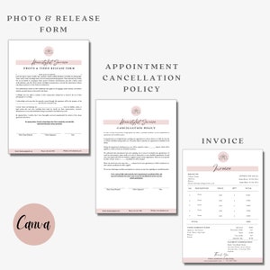 May include: Three printable documents for a hair stylist business. The first document is a photo and video release form. The second document is an appointment cancellation policy. The third document is an invoice with a pink floral design.