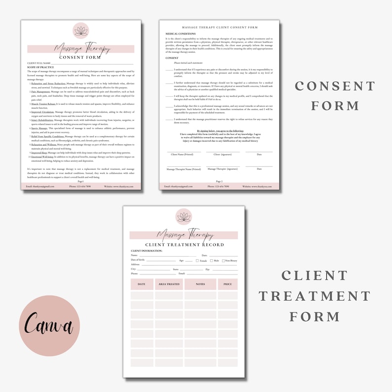 May include: A set of massage therapy forms, including a consent form and a client treatment record. The forms have a soft pink and white color scheme with the words "Massage Therapy" and "Consent Form" clearly displayed. The Canva logo is visible.