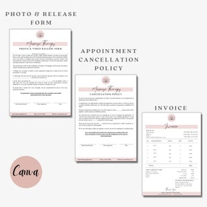 May include: A set of pink and white business forms for a massage therapy business. The forms include a photo and video release form, an appointment cancellation policy, and an invoice template. The word "Canva" is in the bottom left corner.
