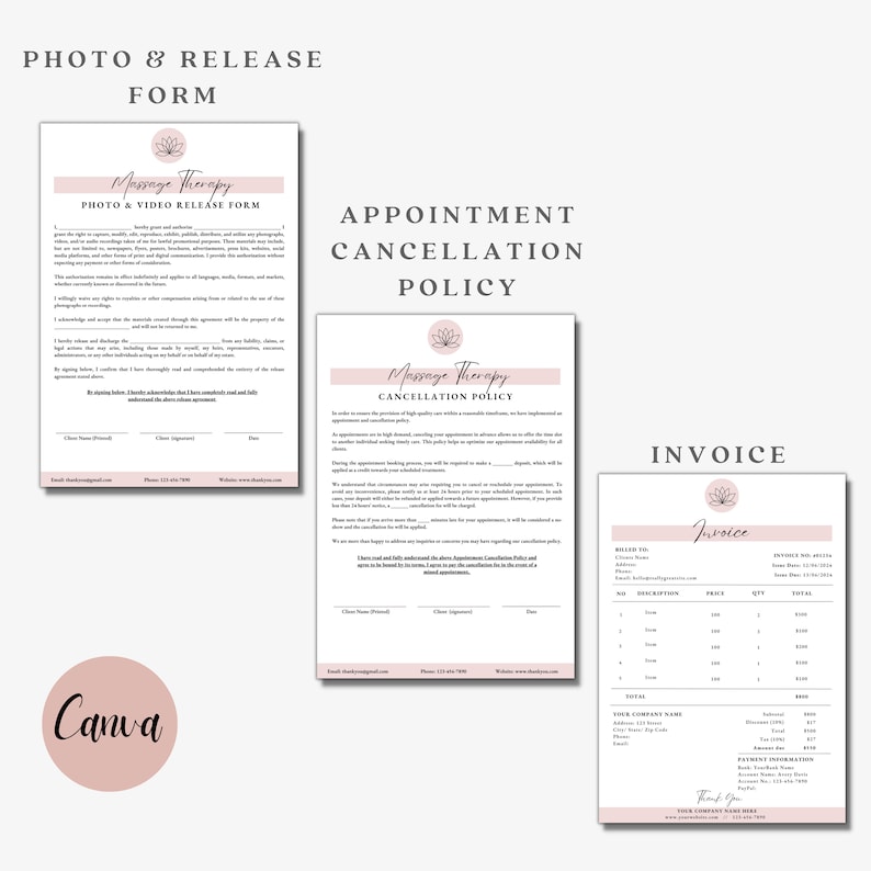 May include: A set of pink and white business forms for a massage therapy business. The forms include a photo and video release form, an appointment cancellation policy, and an invoice template. The word "Canva" is in the bottom left corner.