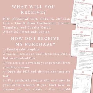 May include: A digital download product with Lash Lift, Tint & Brow Lamination templates, invoices, and loyalty cards. The documents are available in US Letter and A4 sizes. The image also shows forms.