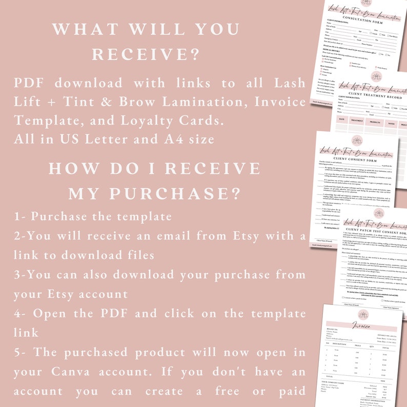 May include: A digital download product with Lash Lift, Tint & Brow Lamination templates, invoices, and loyalty cards. The documents are available in US Letter and A4 sizes. The image also shows forms.