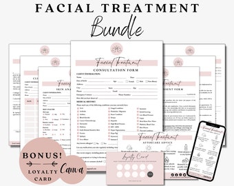 May include: A pink and white printable bundle for facial treatment businesses. The bundle includes a consultation form, consent form, aftercare advice, and a loyalty card. The forms feature a pink lotus flower design.
