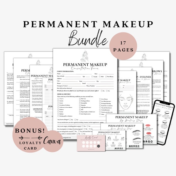Permanent Makeup Forms, PMU Consent Form, Makeup Consultation, PMU Aftercare Card, Lip Blushing Form, Microblading, Esthetician Forms Bundle