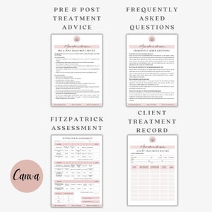May include: A set of printable documents for a beauty business. The documents include pre and post treatment advice, frequently asked questions, a Fitzpatrick assessment chart, and a client treatment record. The documents are designed in a pink and white colour scheme with a floral design.