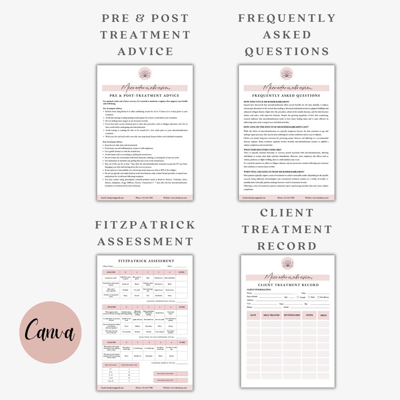 May include: A set of printable documents for a beauty business. The documents include pre and post treatment advice, frequently asked questions, a Fitzpatrick assessment chart, and a client treatment record. The documents are designed in a pink and white colour scheme with a floral design.