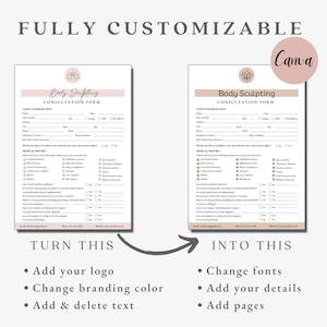 Op de afbeelding: Twee roze en witte consultatieformulieren voor body sculpting. De formulieren bevatten klantgegevens, medische geschiedenis en contactgegevens. De tekst op de formulieren luidt "Body Sculpting Consultatieformulier".