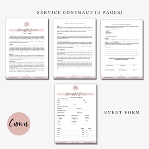 May include: A pink and white event form for a hairstylist service. The form includes sections for client information, event information, services, price, and total. The form has a floral design with the text "Hairstylist Service" at the top.
