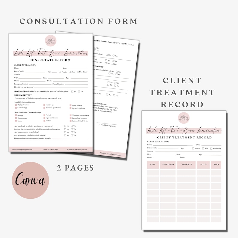 May include: A set of printable consultation forms and a client treatment record. The forms are for lash lift, tint, and brow lamination services. The forms include sections for client information, medical history, and treatment details. The word "Canva" is also visible.