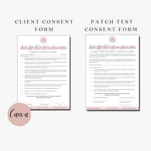 May include: Two consent forms for Lash Lift, Tint, and Brow Lamination services. The forms are white with pink accents and include the text "Client Consent Form" and "Patch Test Consent Form". The Canva logo is visible in the lower left corner.
