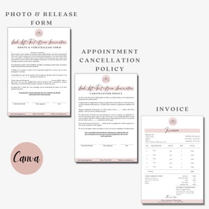 May include: Three documents with text: a photo and video release form, an appointment cancellation policy, and an invoice. The documents have a pink and white color scheme with the words "Lash Lift + Tint + Brow Lamination" at the top.