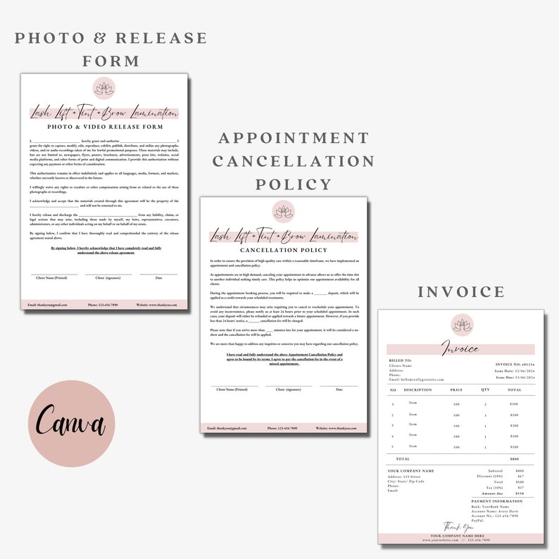 May include: Three documents with text: a photo and video release form, an appointment cancellation policy, and an invoice. The documents have a pink and white color scheme with the words "Lash Lift + Tint + Brow Lamination" at the top.
