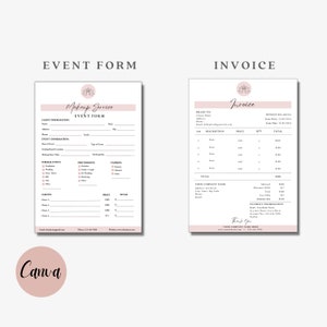 May include: A printable event form and invoice template for a makeup service business. The form includes sections for client information, event details, formal event type, photography, and catering. The invoice includes sections for billing information, description, price, quantity, total, and payment information.