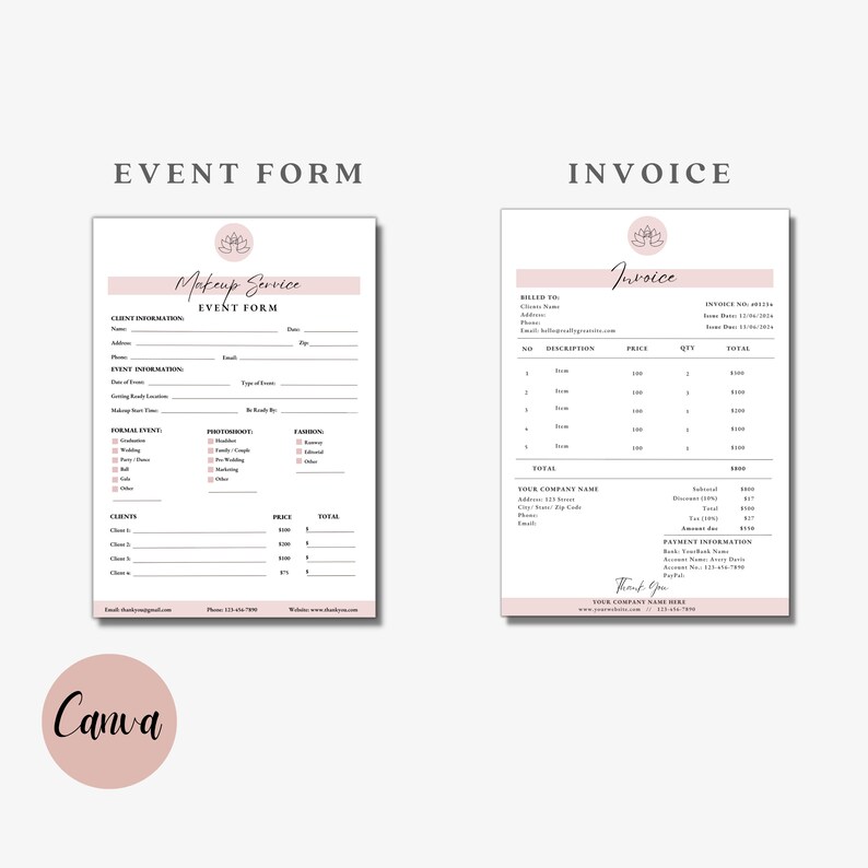 May include: A printable event form and invoice template for a makeup service business. The form includes sections for client information, event details, formal event type, photography, and catering. The invoice includes sections for billing information, description, price, quantity, total, and payment information.
