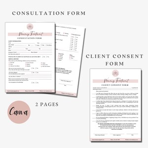 May include: Two pink and white forms for a waxing treatment business. The first form is a consultation form with questions about medical history, allergies, and skin care routine. The second form is a client consent form with information about the risks and benefits of waxing.