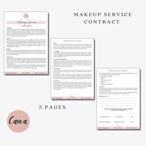 May include: A three-page contract for makeup services. The contract includes sections for agreement, liability, working hours, travel & accommodations, team policy, application, payment, and additional notes. The contract is signed by both the client and the makeup artist.