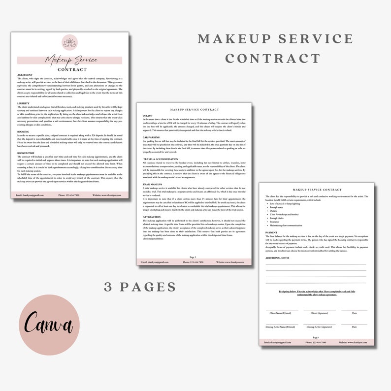 May include: A three-page contract for makeup services. The contract includes sections for agreement, liability, working hours, travel & accommodations, team policy, application, payment, and additional notes. The contract is signed by both the client and the makeup artist.