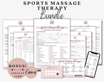 May include: A sports massage therapy bundle with consultation forms, soap notes, and aftercare advice sheets. The bundle includes a loyalty card and a bonus Canva card. The text on the image reads "Sports Massage Therapy Bundle".