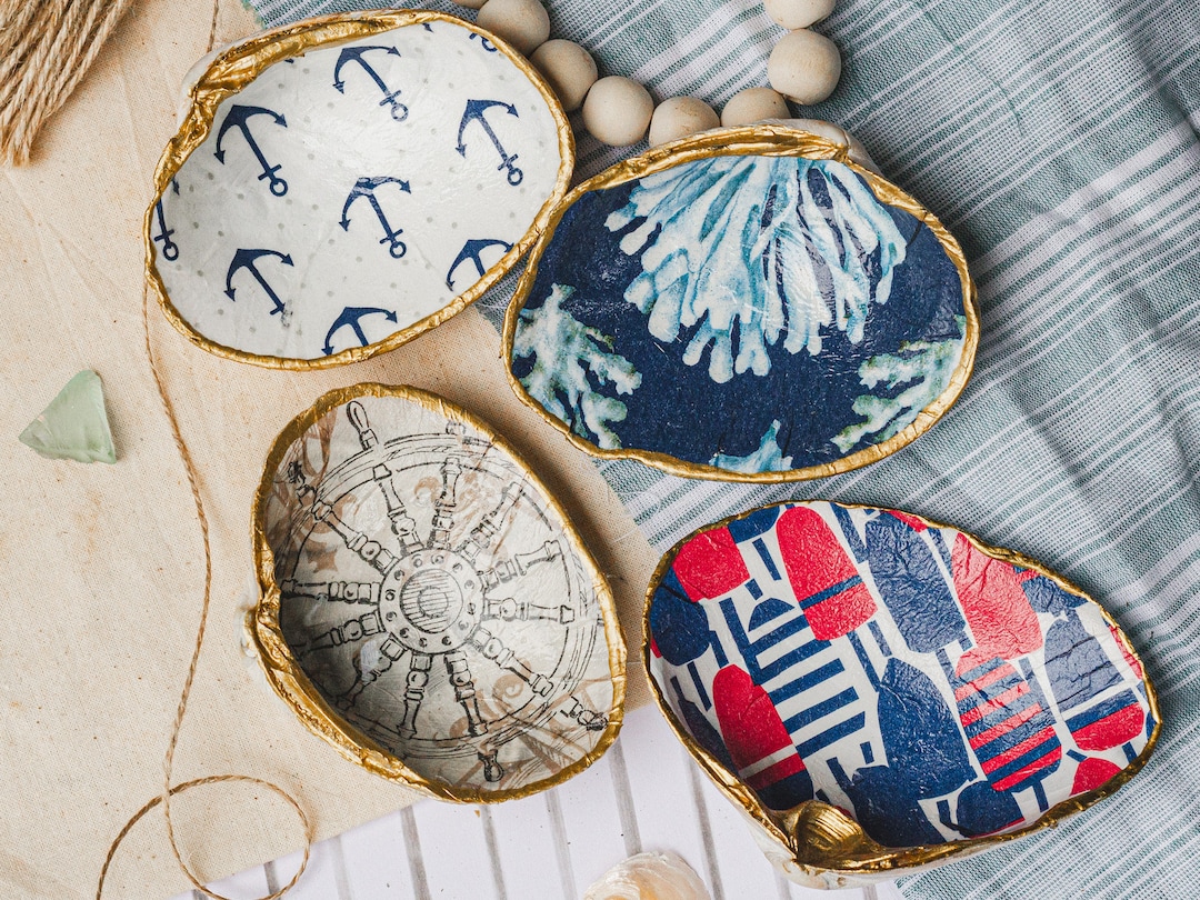 Custom Large Nautical Shell Trinket Dish Clam Shell Jewelry Holder Decoupage Shell Jewelry Tray