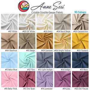 May include: A chart showing 20 different colors of crinkle double gauze fabric. The fabric is arranged in a grid with each color labeled with a number and a name. The colors include white, off white, ivory, sand beige, cappuccino, hazelnut, beige, caramel, bright yellow, mustard, baby blue, mint, light indigo, indigo, navy, baby pink, dry rose, lavender, lilac, and old mauve.