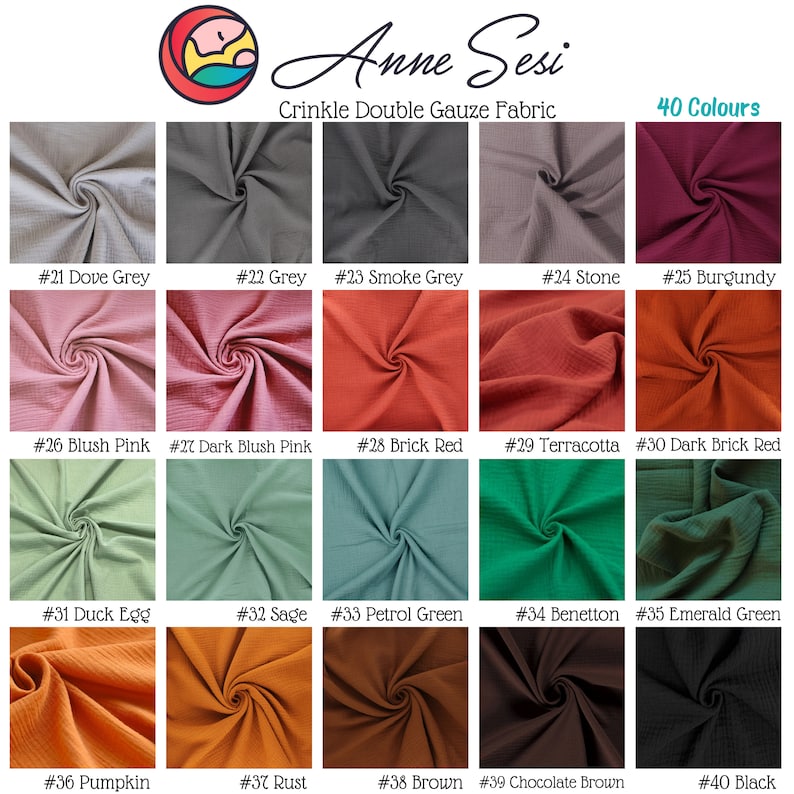May include: Swatch card showing 40 different colors of crinkle double gauze fabric. The colors are arranged in rows of five, with each color labeled with a number and a name. The fabric is a soft, lightweight material with a crinkled texture.