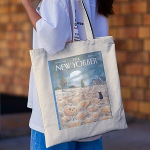 The New Yorker Pumpkin Patch with Black Cat Canvas Tote Bag, Halloween Fall Autumn Spooky Tote Bag, Black Cat Tote Bag