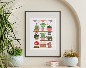 Plant Shelf Trio Cross Stitch Pattern: Modern Botanical Embroidery (PDF Download