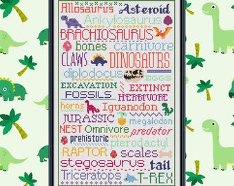 Dinosaur Word Art Cross Stitch Pattern: Modern Kids Room Decor (PDF Pattern)